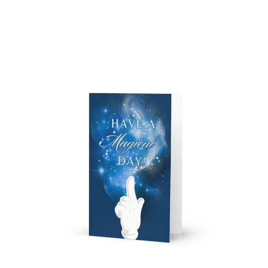 Greeting card with a hand pointing to 'Have a Magical Day!' text against a starry night sky background.