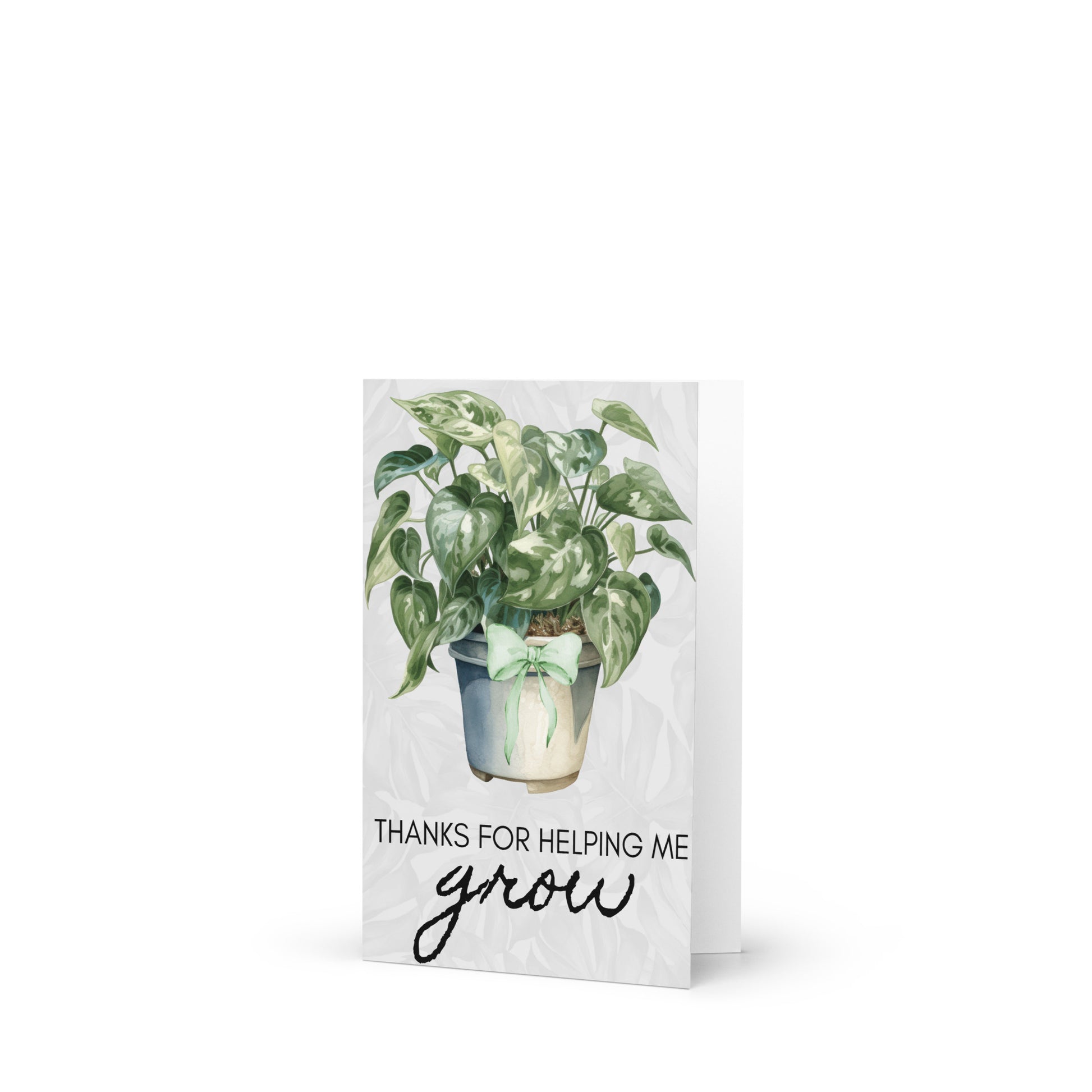 Greeting card with a potted plant illustration and 'Thanks for helping me grow' text on a white background