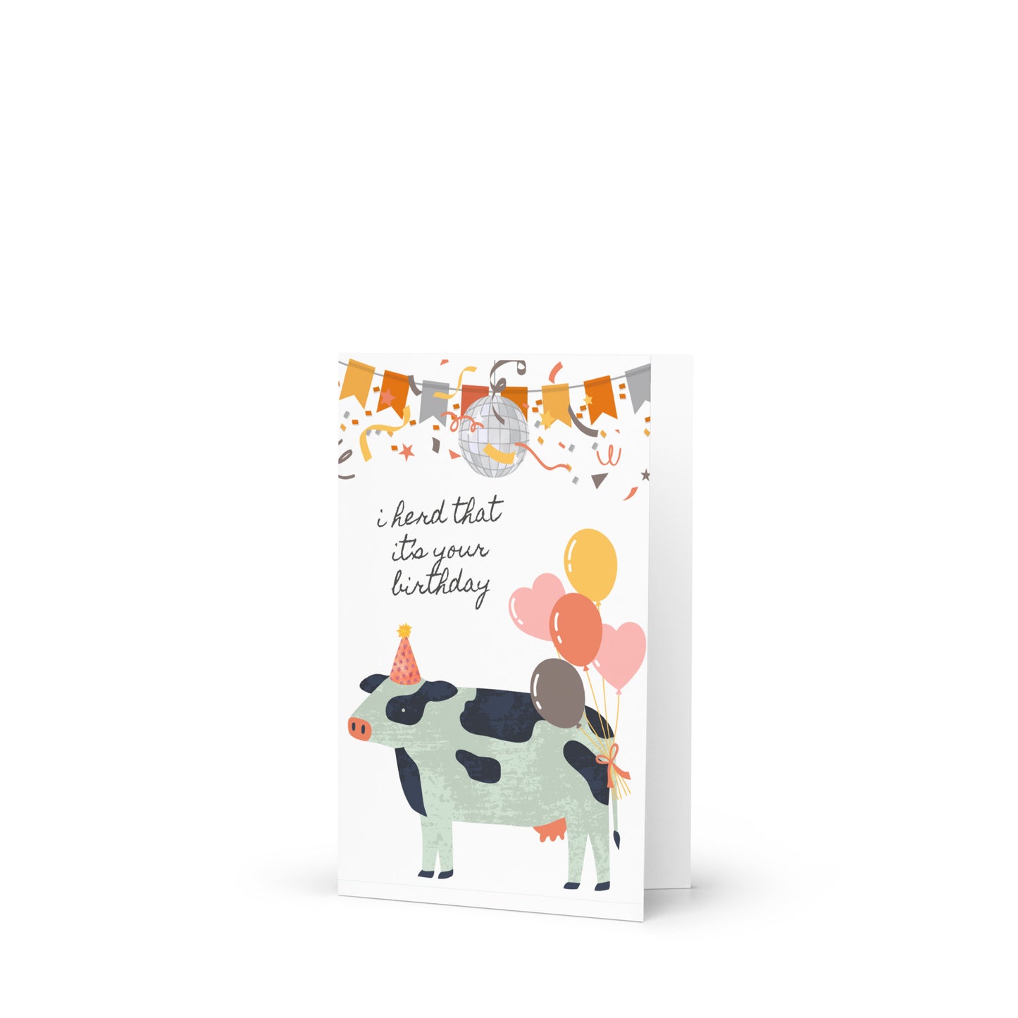Birthday card with a cow illustration and colorful balloons on a white background