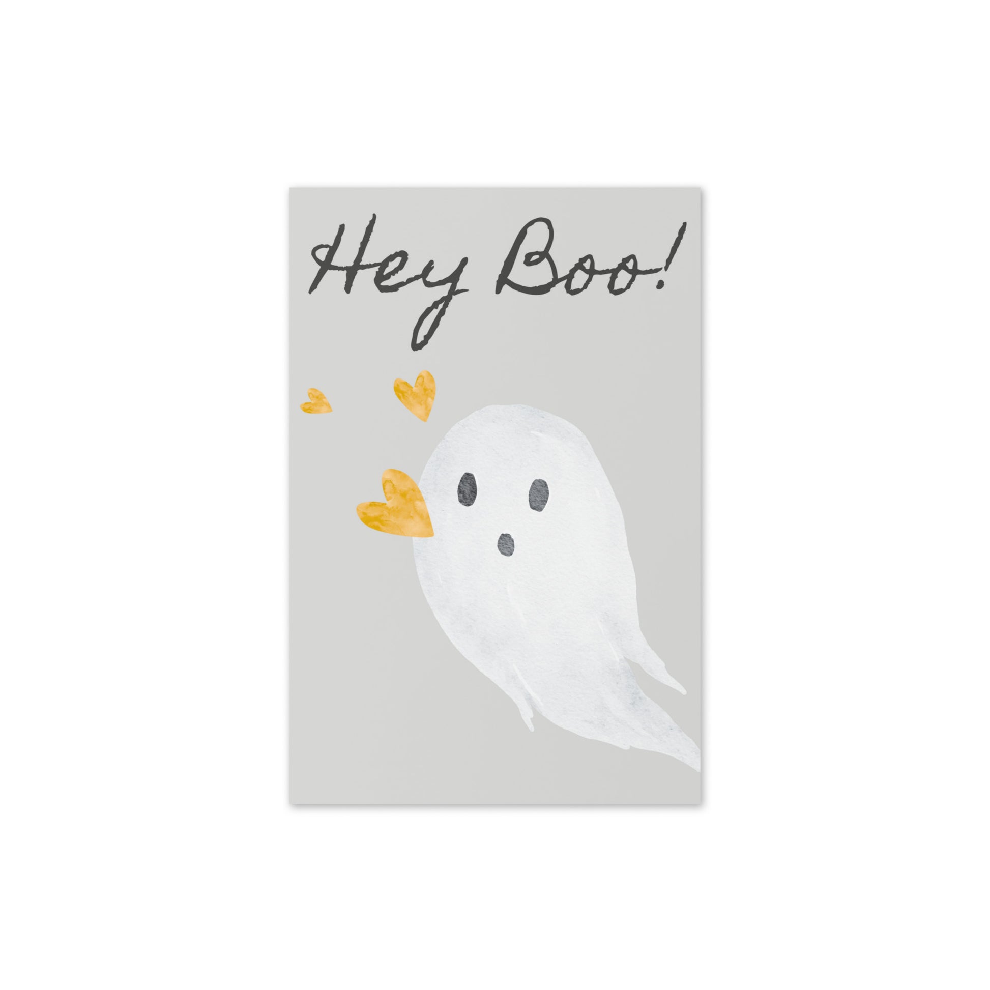 Greeting card with a ghost illustration and 'Hey Boo!' text on a gray background