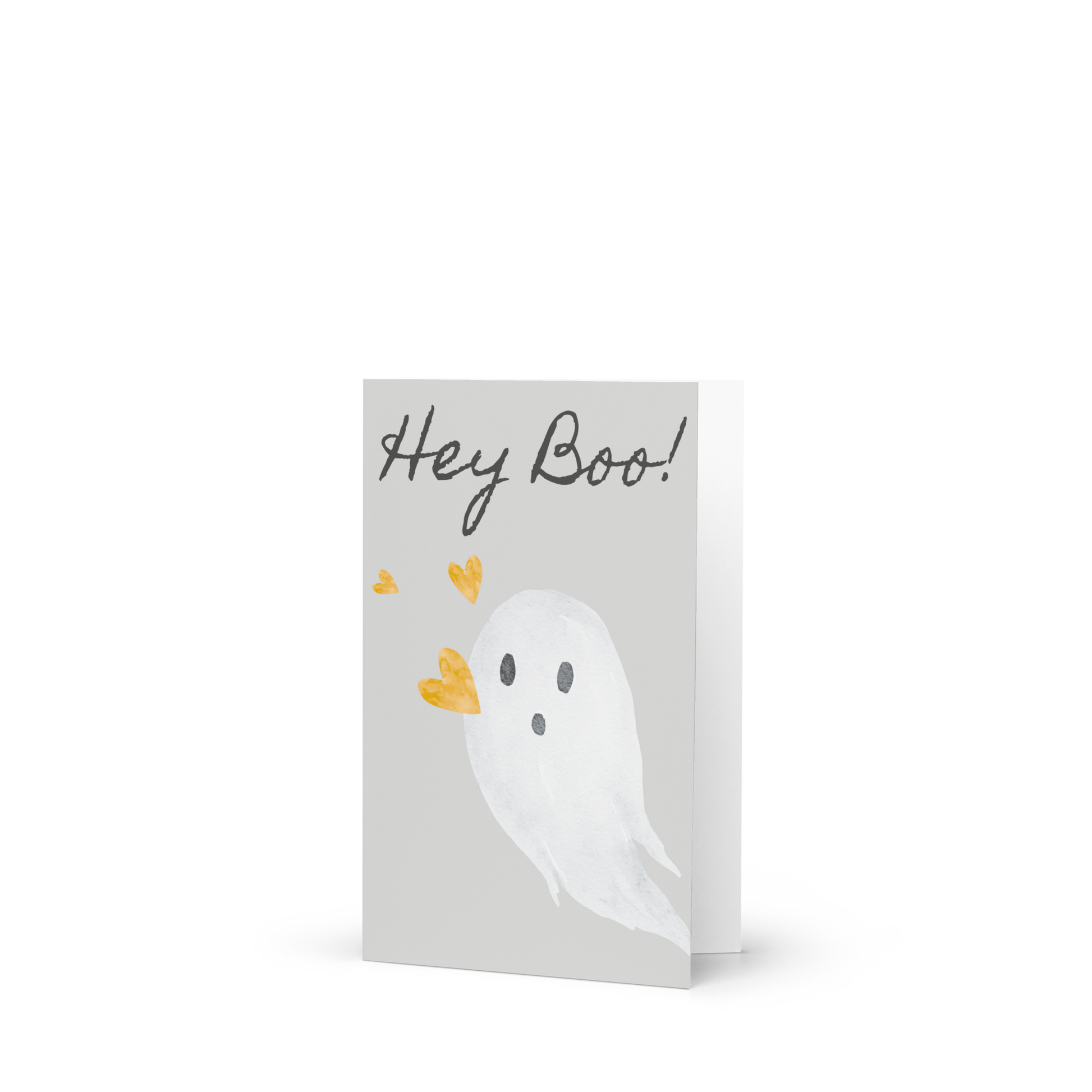 Greeting card with a ghost illustration and 'Hey Boo!' text on a white background