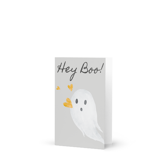 Greeting card with a ghost illustration and 'Hey Boo!' text on a white background