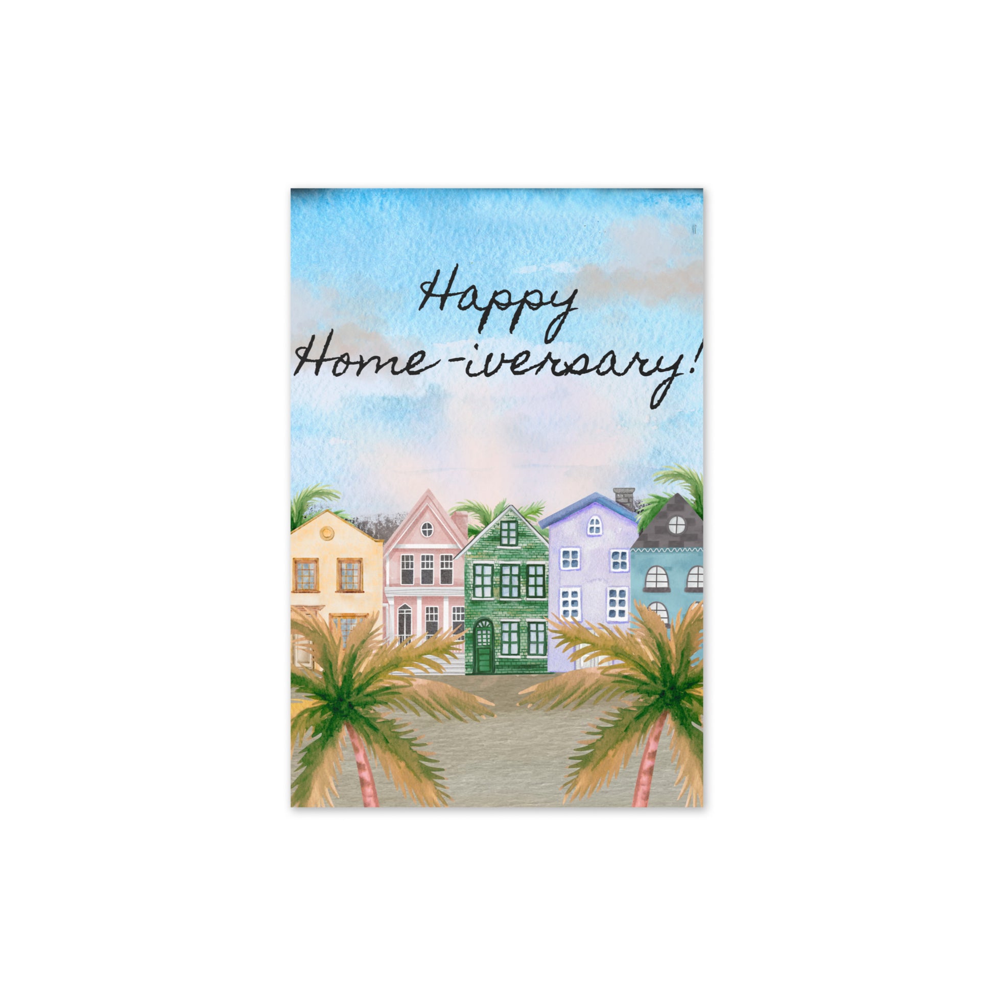 Card with colorful houses and palm trees on a white background