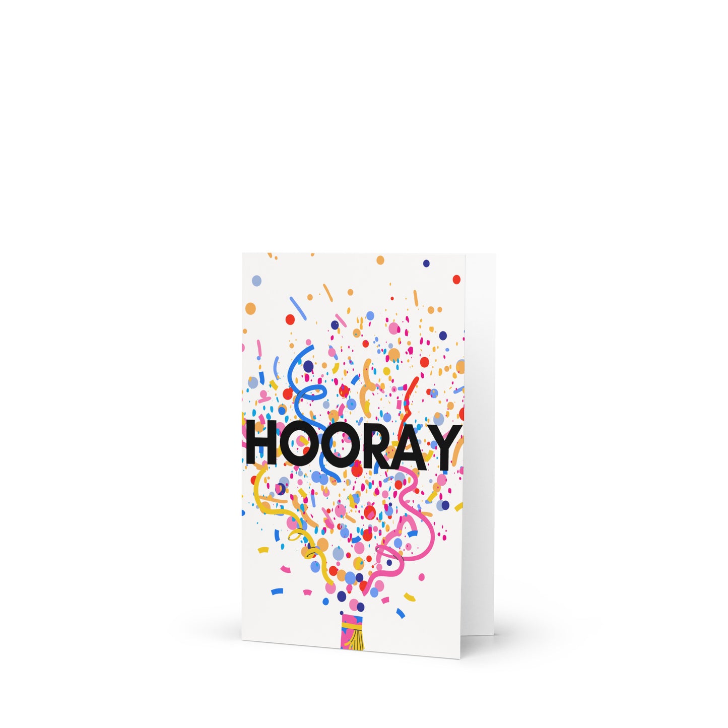 Greeting card with 'HOORAY' text and colorful confetti on a white background