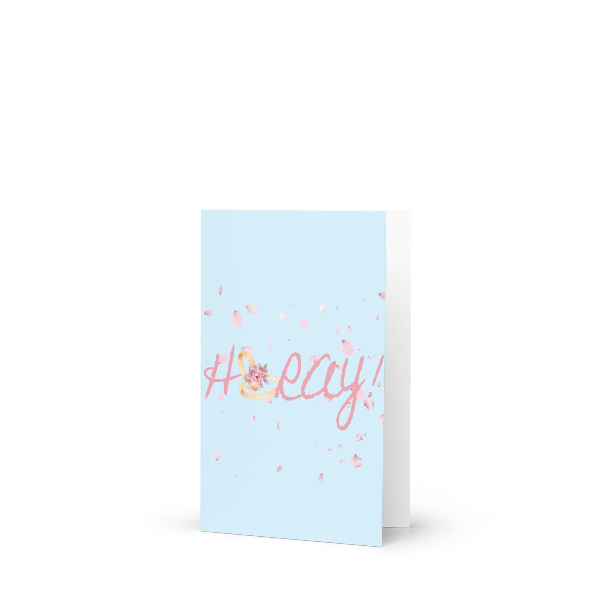 Light blue card with pink text and confetti on a white background