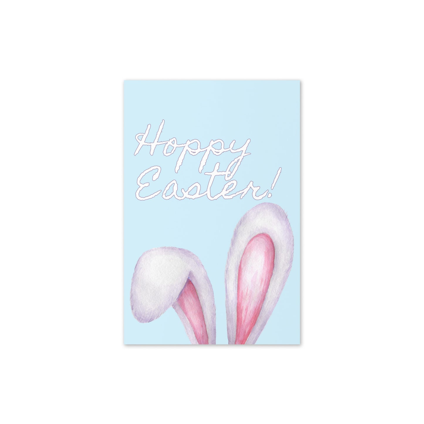 Happy Easter card with bunny ears on a light blue background