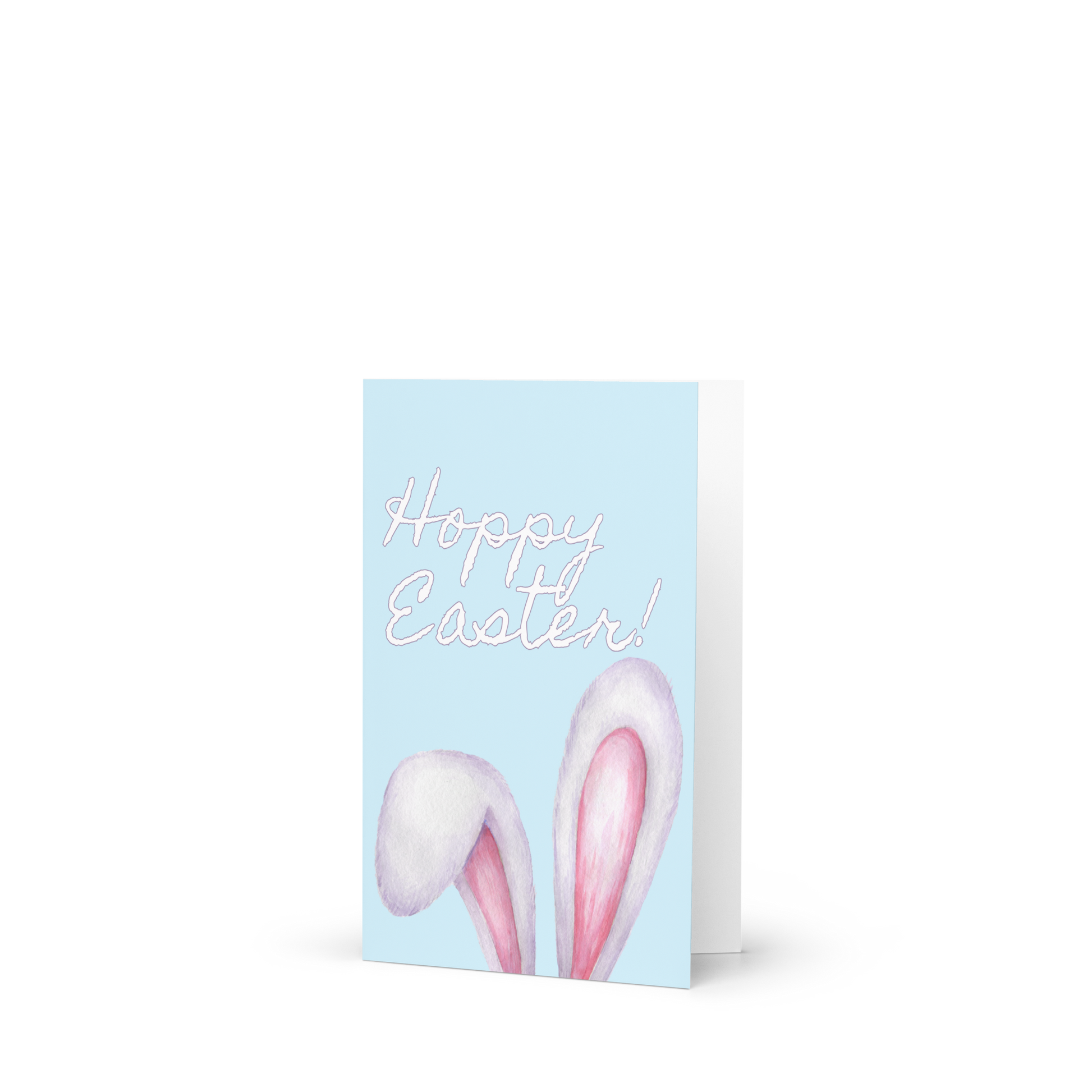 Greeting card with 'Happy Easter!' text and bunny ears on a light blue background