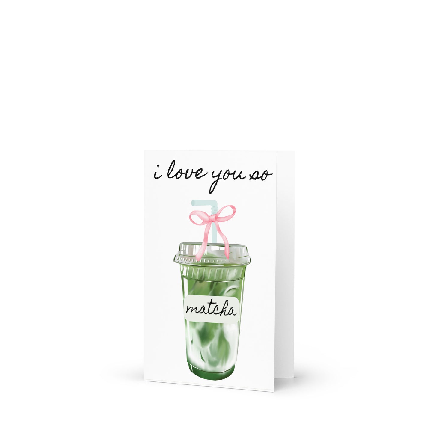 Packaged matcha drink with 'i love you so' text on a white background