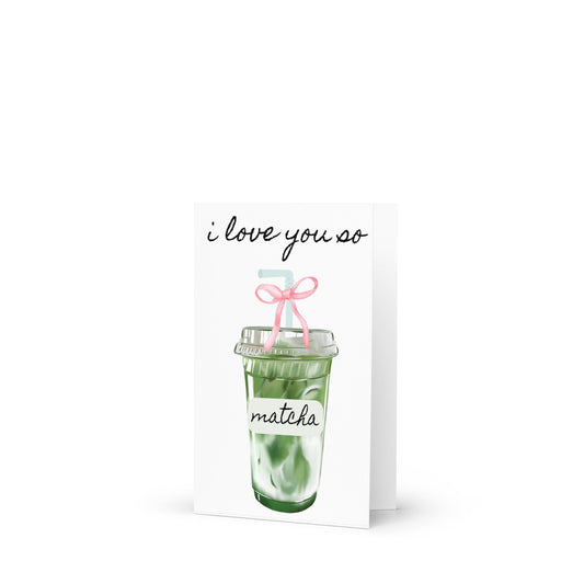 Packaged matcha drink with 'i love you so' text on a white background