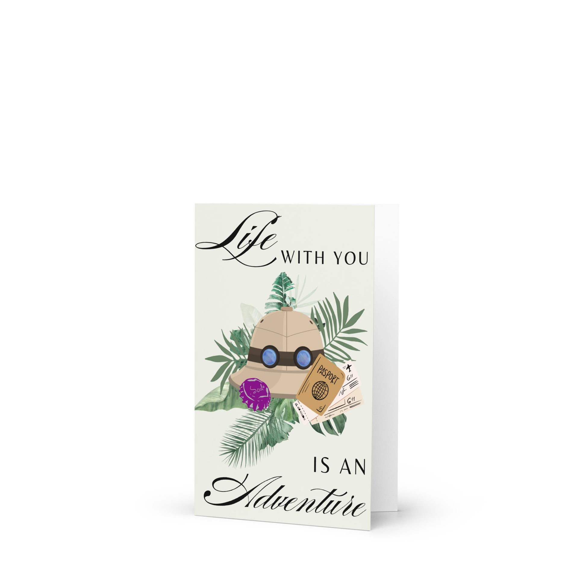 Greeting card with travel-themed design and 'Life with you is an adventure' text on a white background