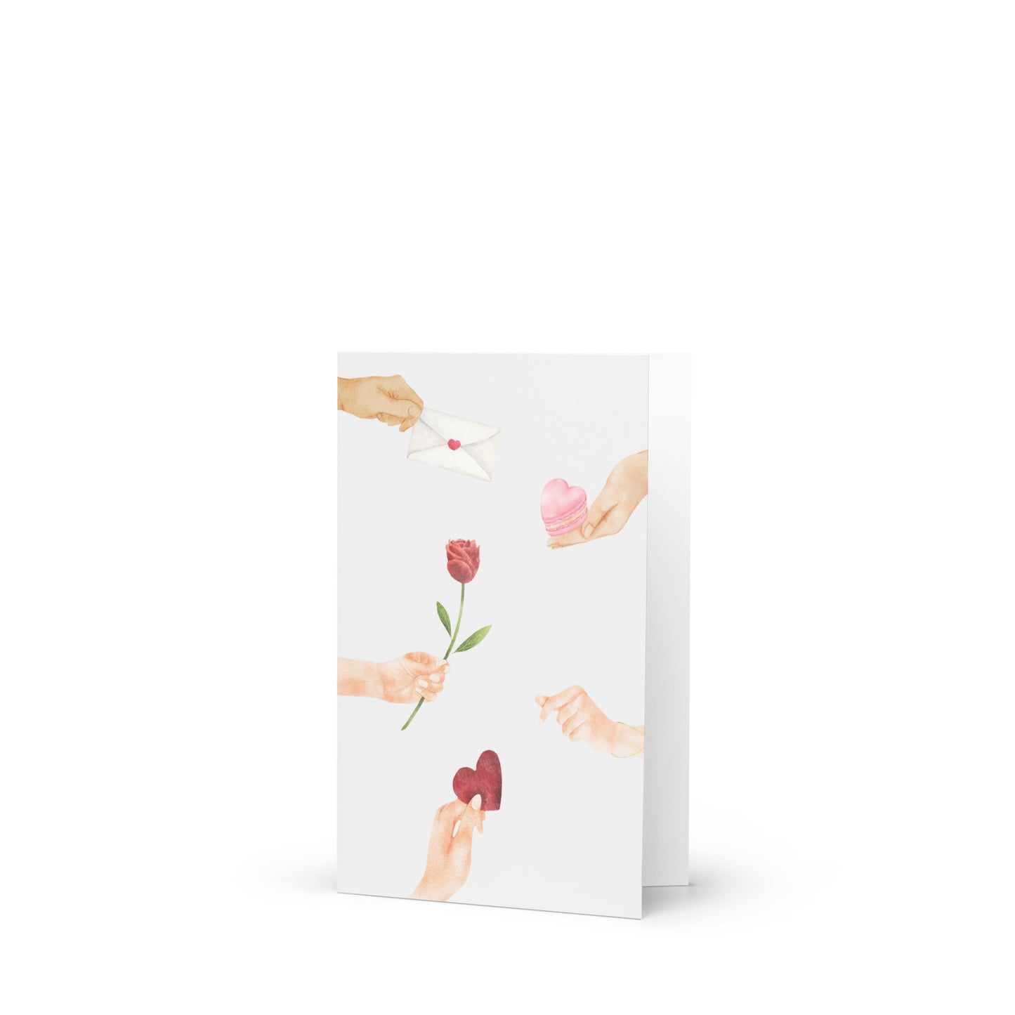 Greeting card with illustrations of hands holding a rose and a heart on a white background