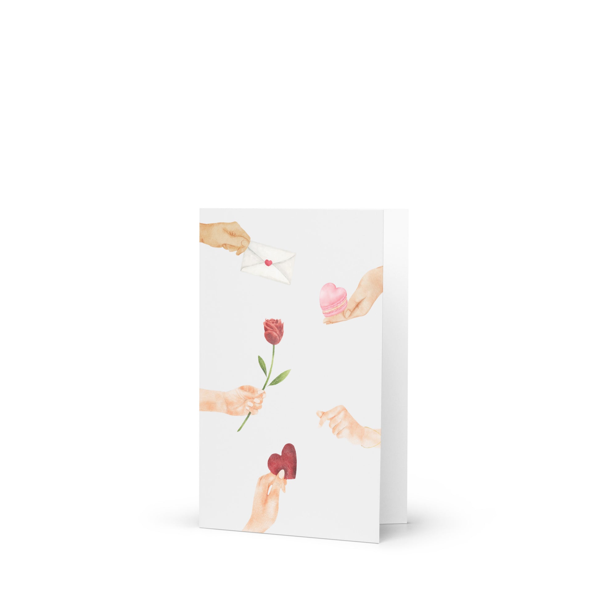 Greeting card with illustrations of hands holding a rose and a heart on a white background