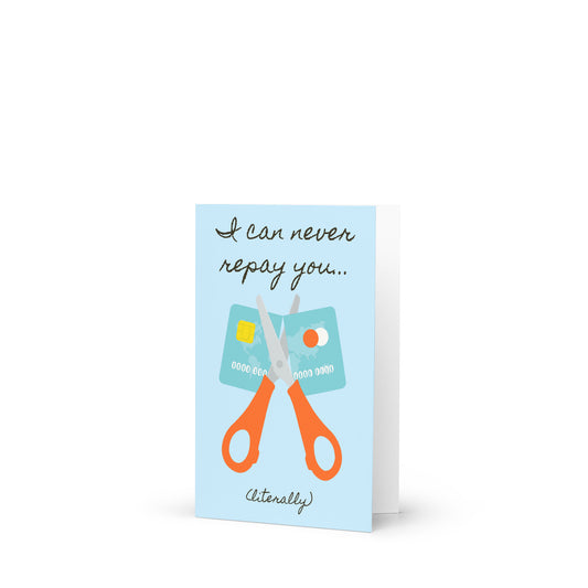 Greeting card with scissors and gift cards illustration on a light blue background