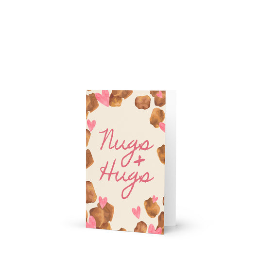 Greeting card with Chicken nuggets pattern and 'Nugs & Hugs' text on a white background