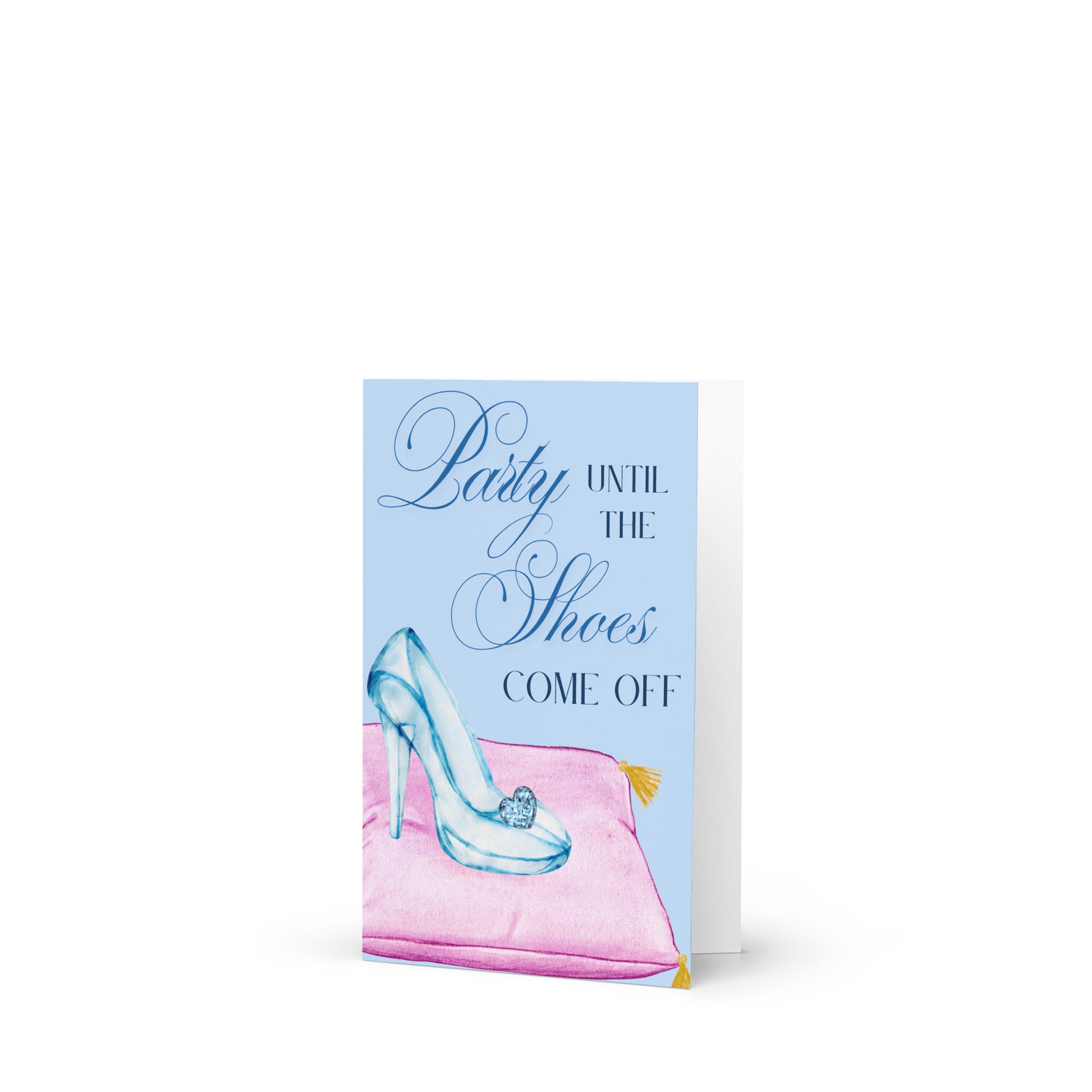 Card with a high-heeled shoe and text on a light blue background