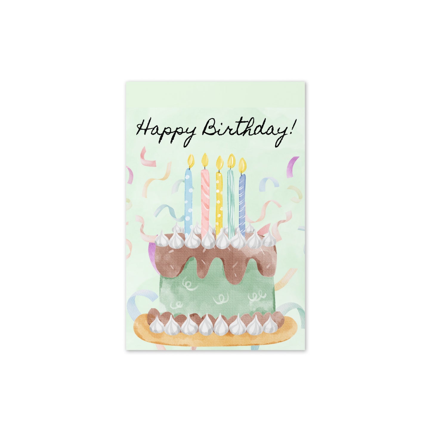 Birthday card with a cake illustration and 'Happy Birthday!' text on a light green background