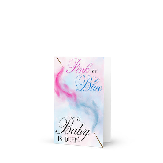 Gender reveal card with pink and blue swashes on a white background
