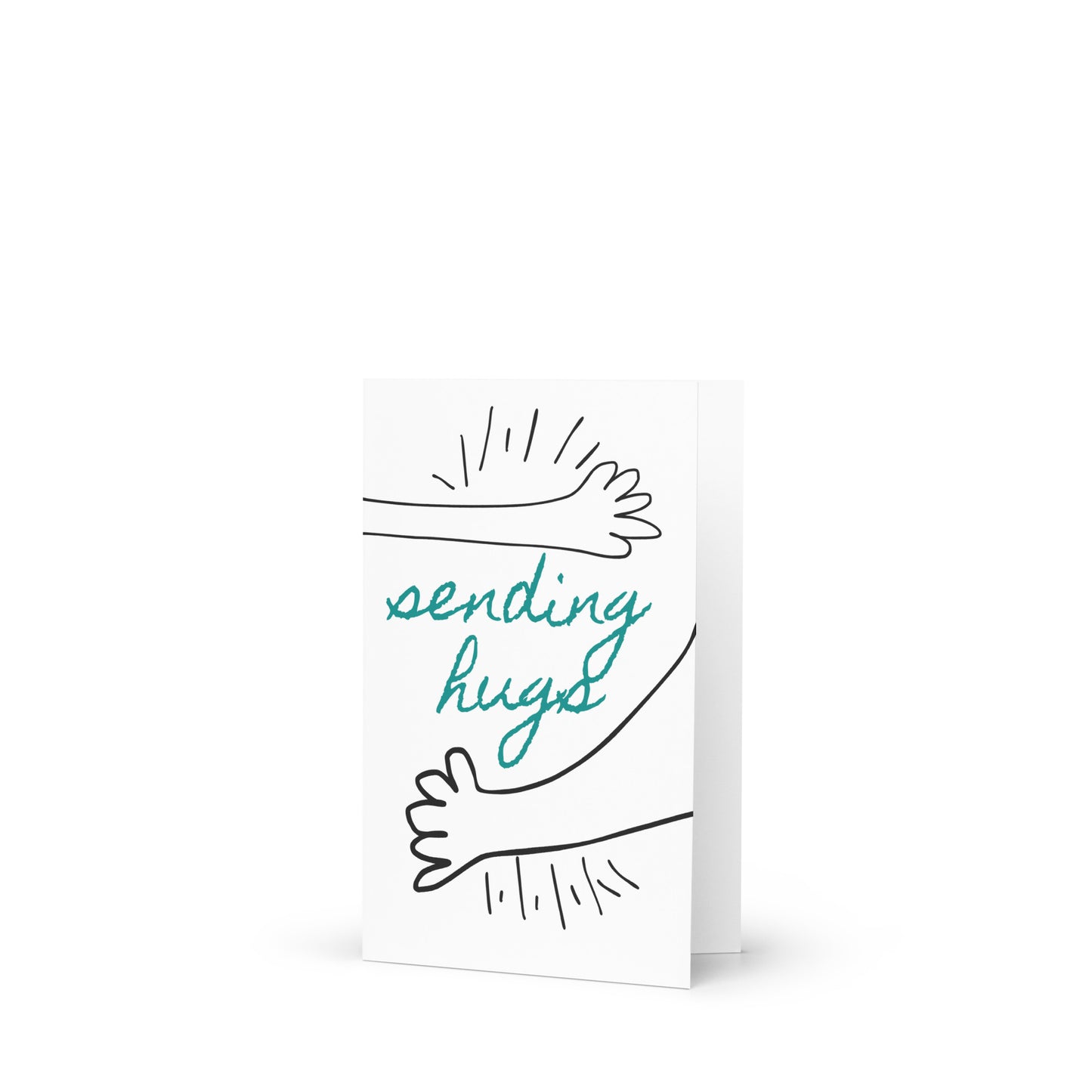 Greeting card with 'sending hugs' text and hand illustrations on a white background