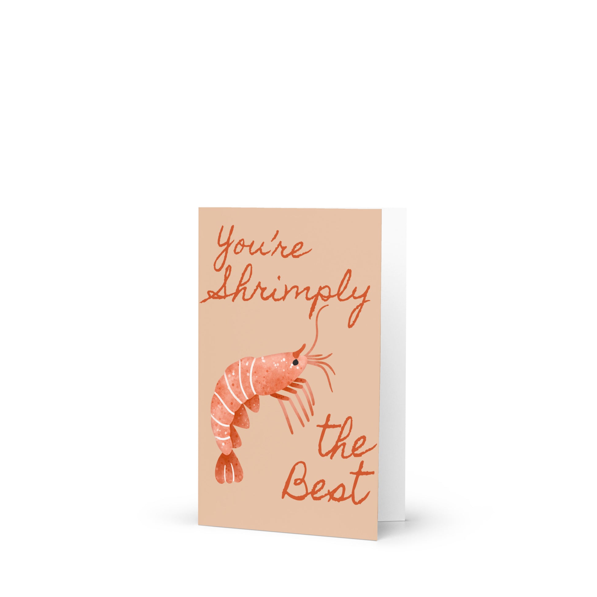 Greeting card with a shrimp illustration and text on a white background