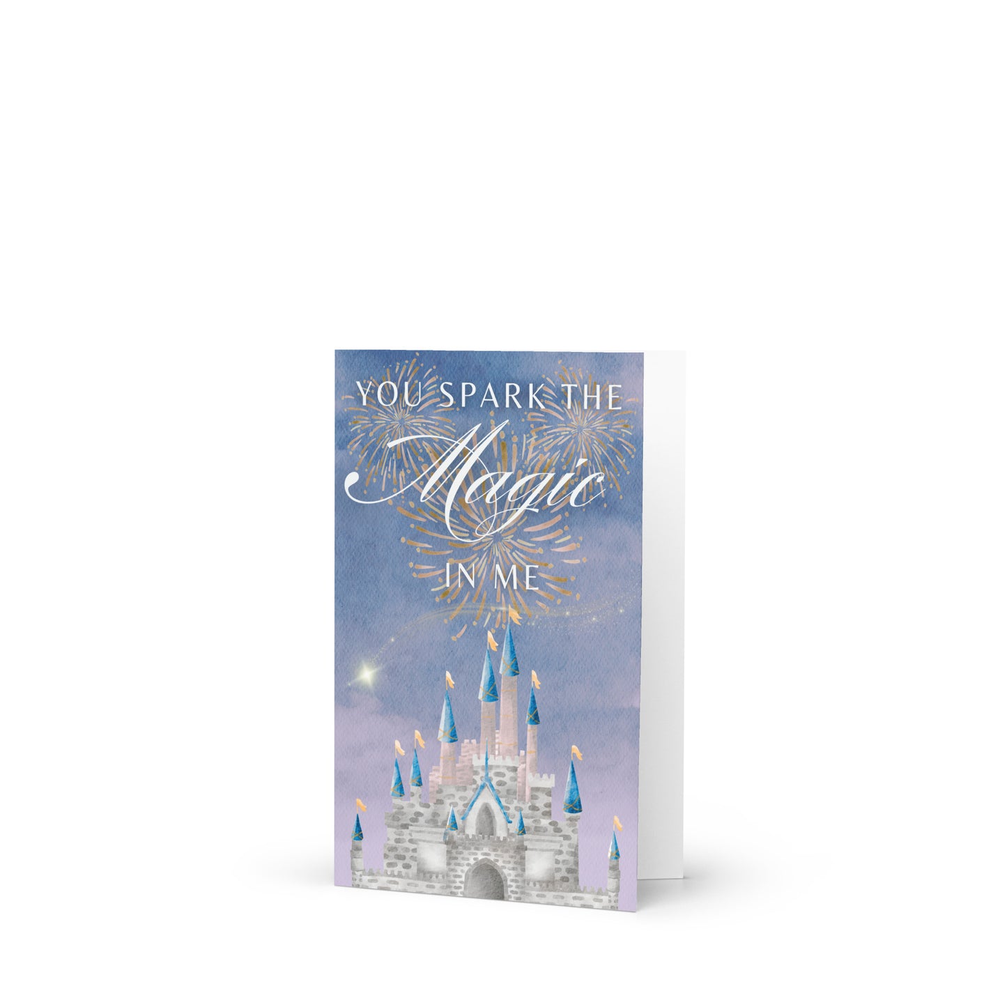 Greeting card with castle design and text on a white background