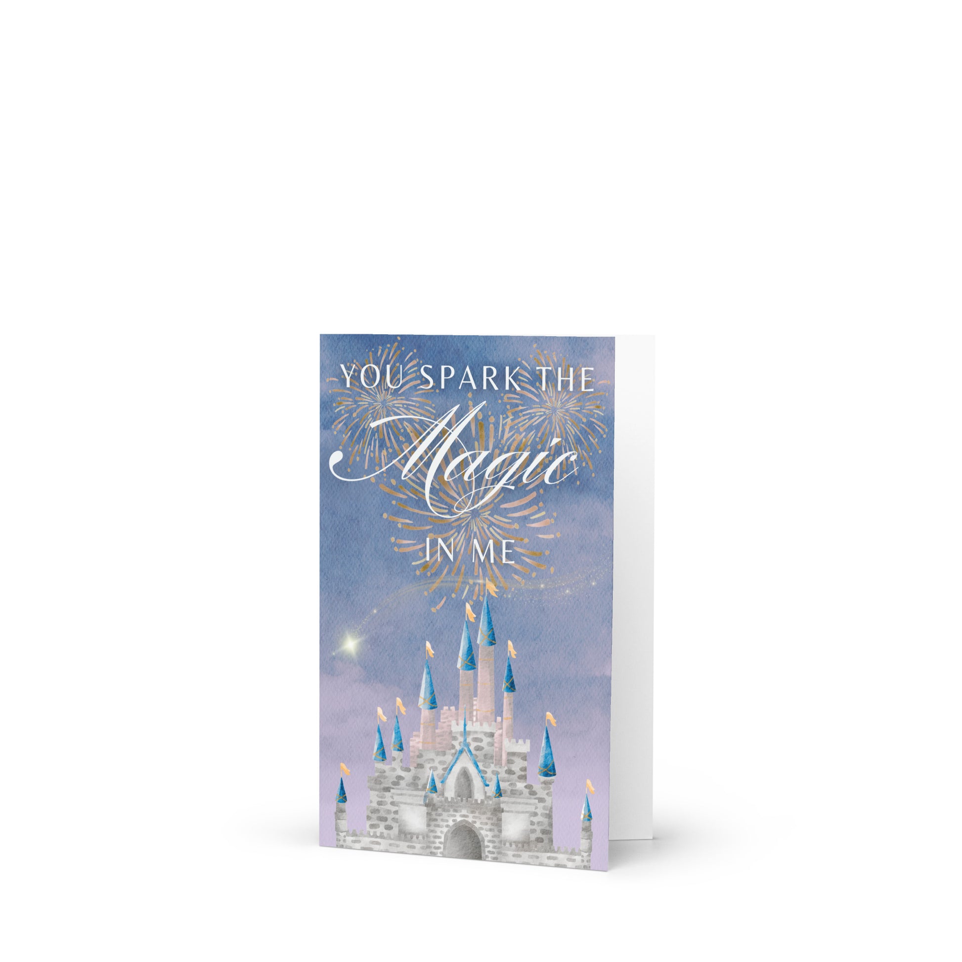 Greeting card with castle design and text on a white background