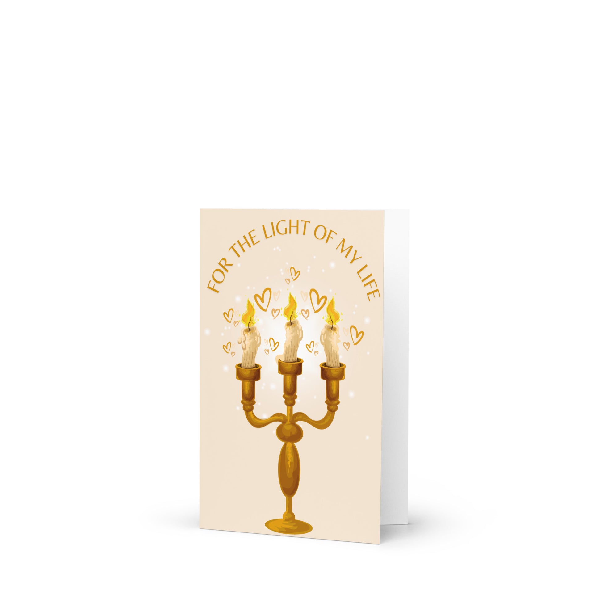 Greeting card with a gold candelabra design and text on a white background