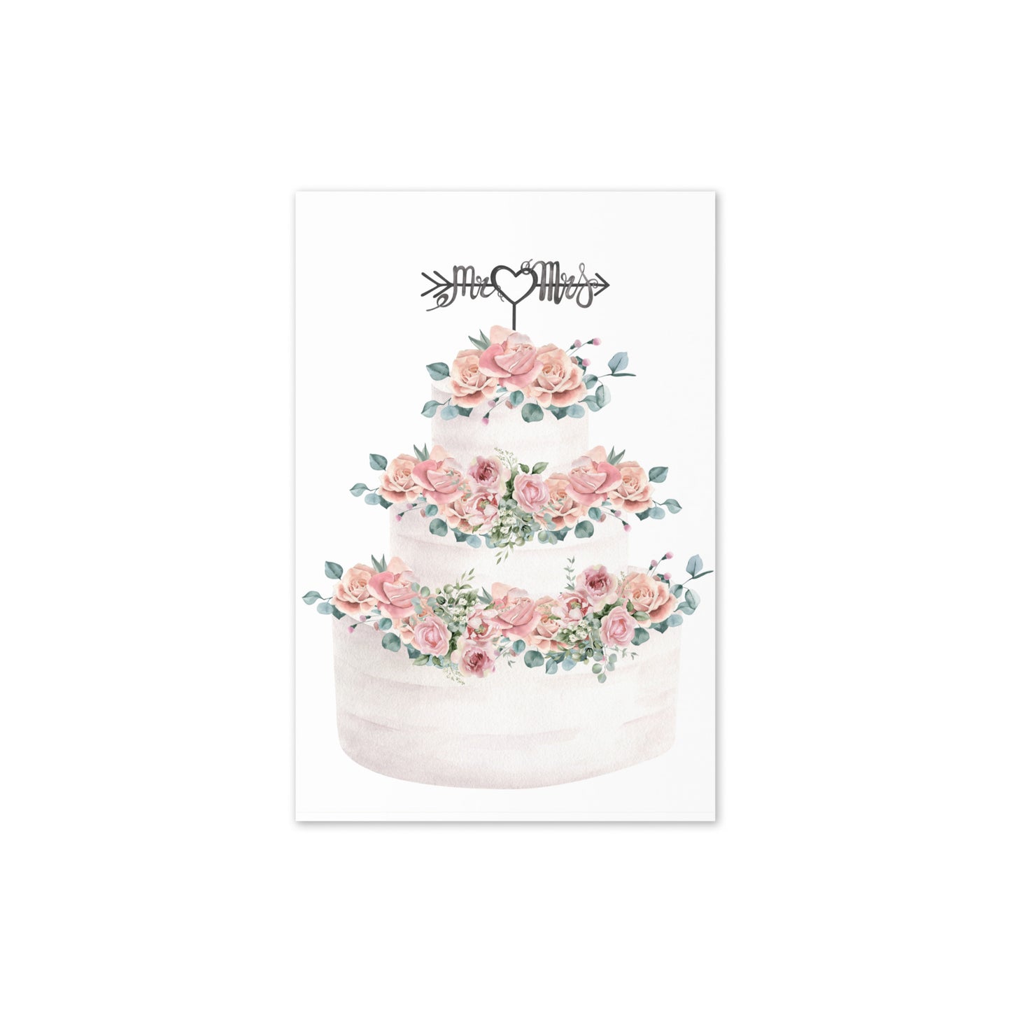 Decorative print of a three-tier wedding cake with floral decorations on a white background