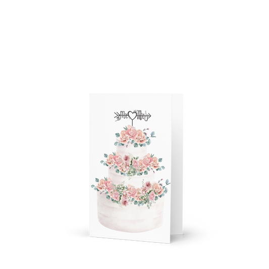 Greeting card with a floral cake design and text on a white background