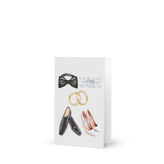 Card with illustrations of a bow tie, rings, and shoes on a white background