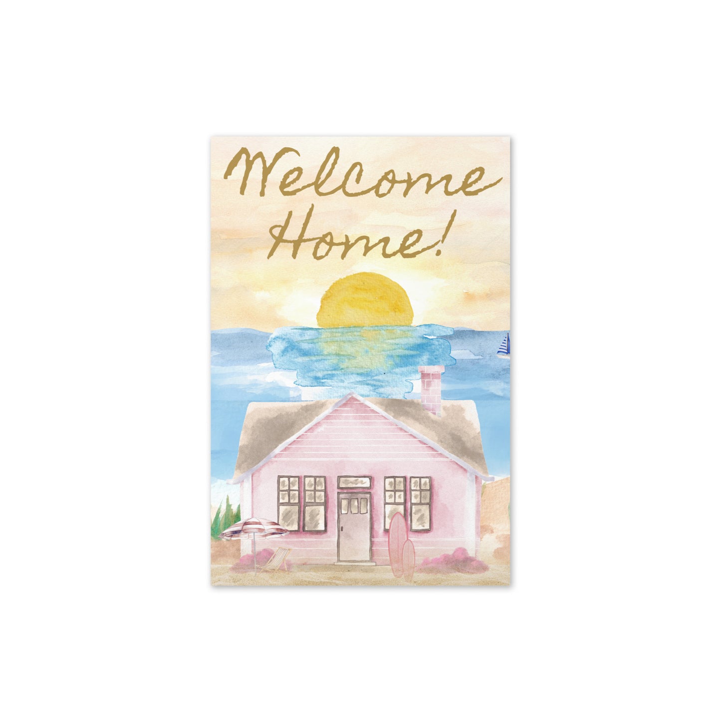 Card with 'Welcome Home!' text over a watercolor painting of a house and sunset.