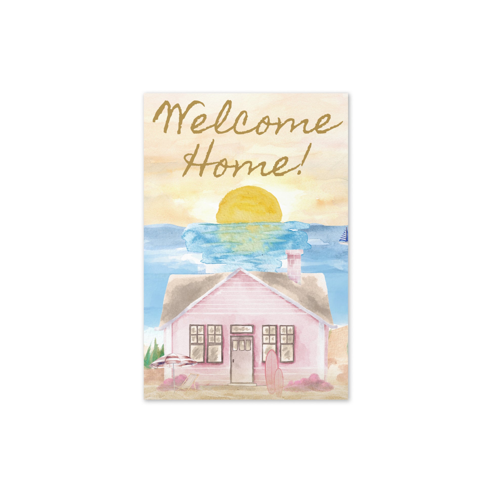 Card with 'Welcome Home!' text over a watercolor painting of a house and sunset.