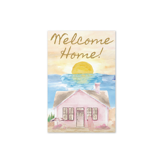 Card with 'Welcome Home!' text over a watercolor painting of a house and sunset.