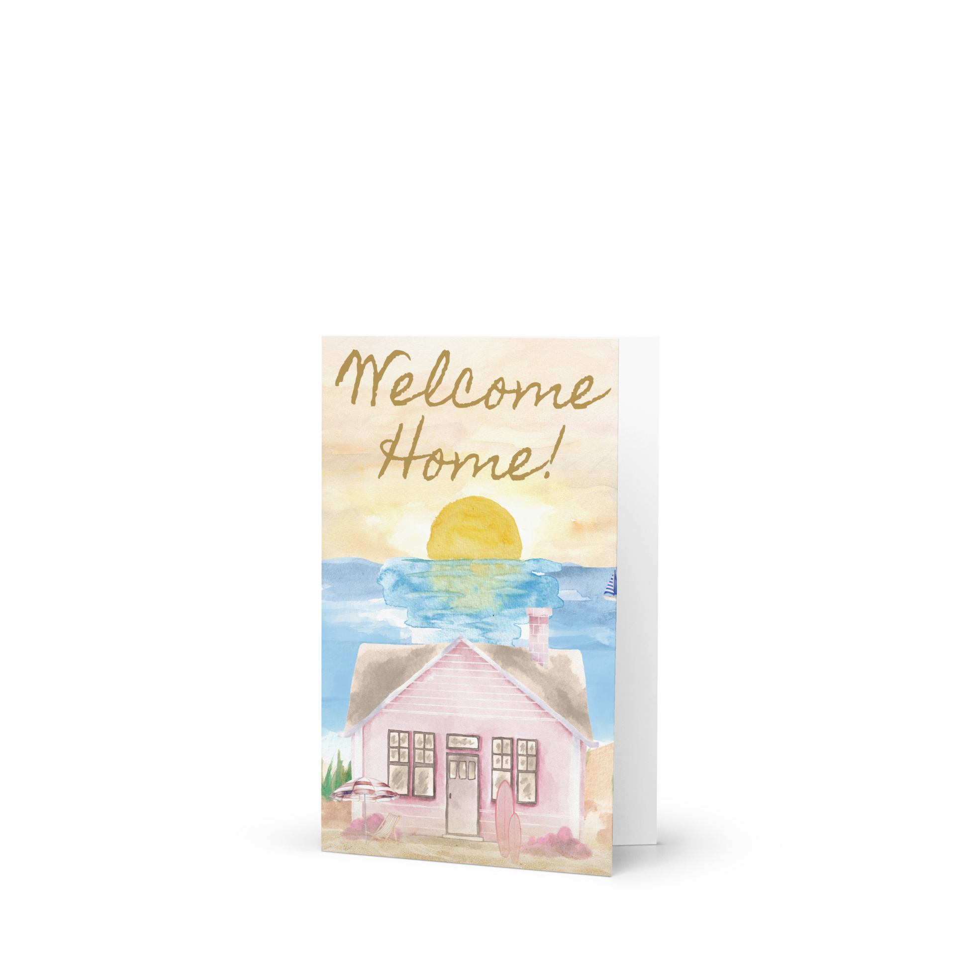 Greeting card with a beach house illustration and 'Welcome Home!' text on a white background