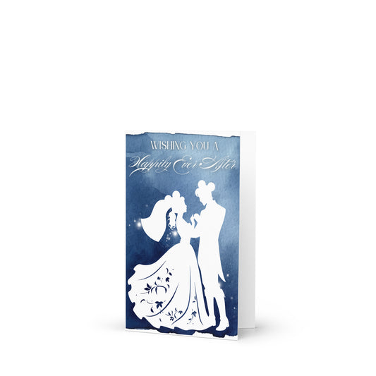 Card with a silhouette of a couple and text 'Wishing you a Happily Ever After' on a white background