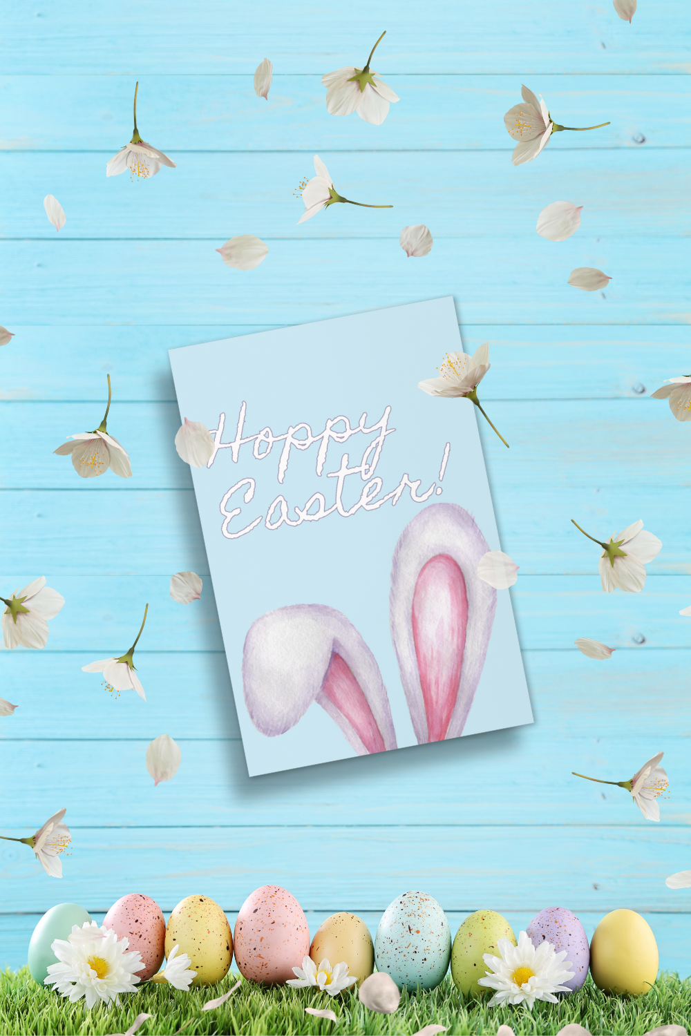 Happy Easter card with bunny ears and eggs on a blue wooden background with flowers.