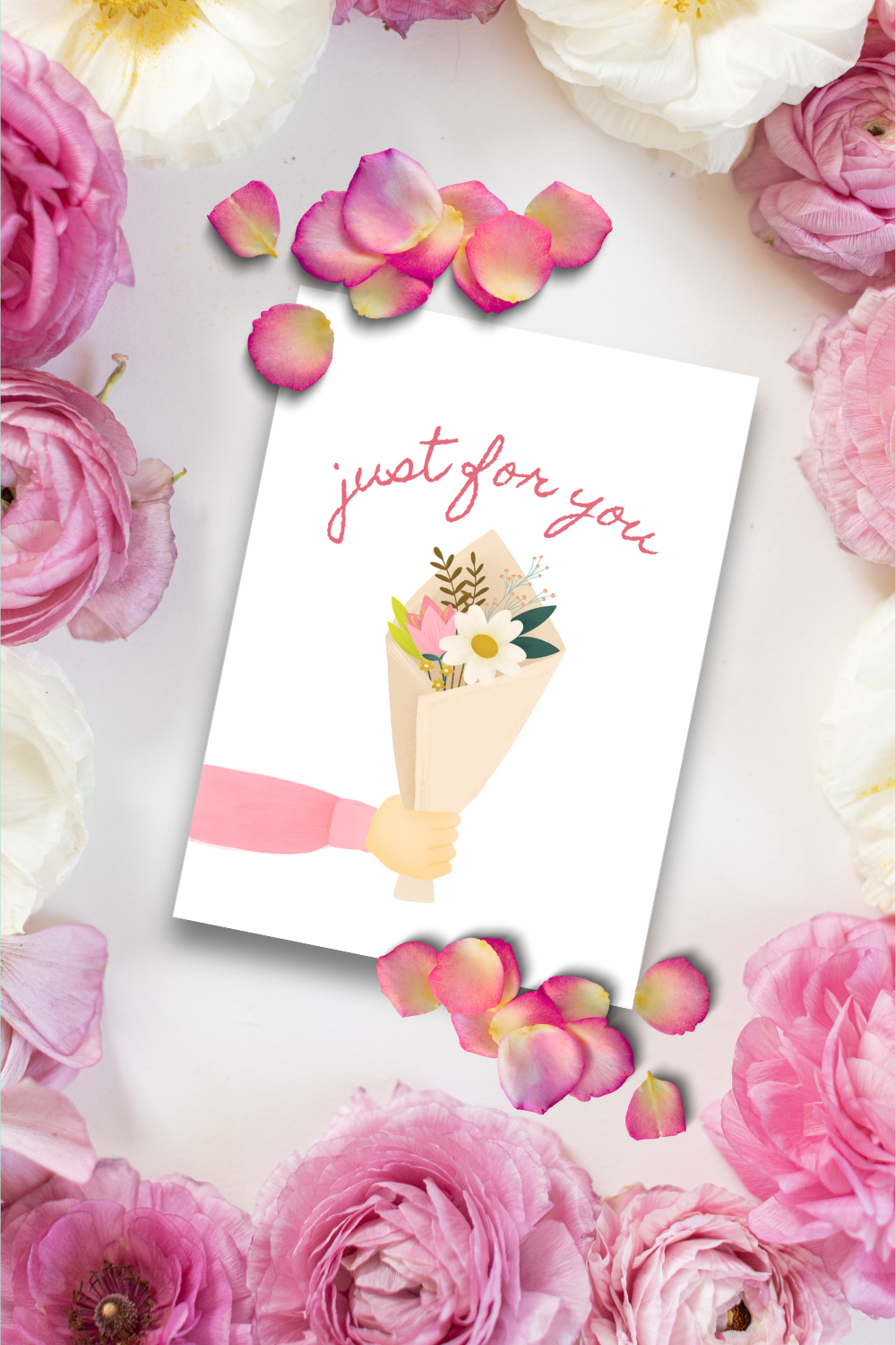 Greeting card with 'just for you' text surrounded by pink flowers