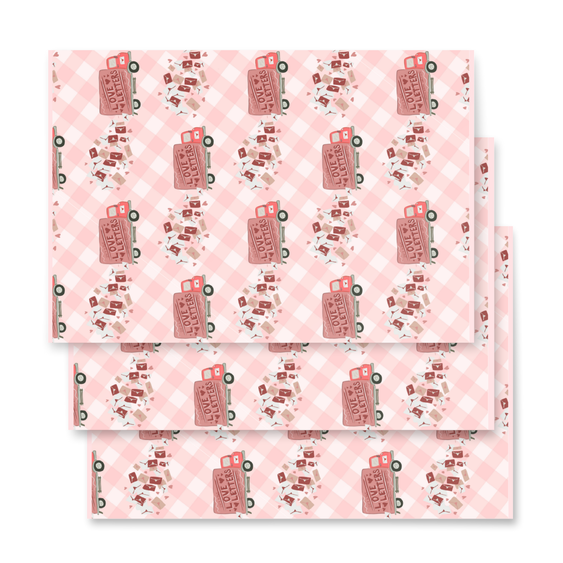 love letters trucks on checkered pink pattern wrapping paper