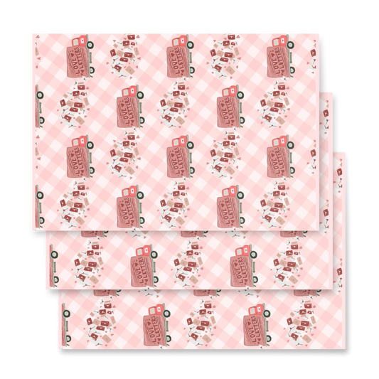 love letters trucks on checkered pink pattern wrapping paper