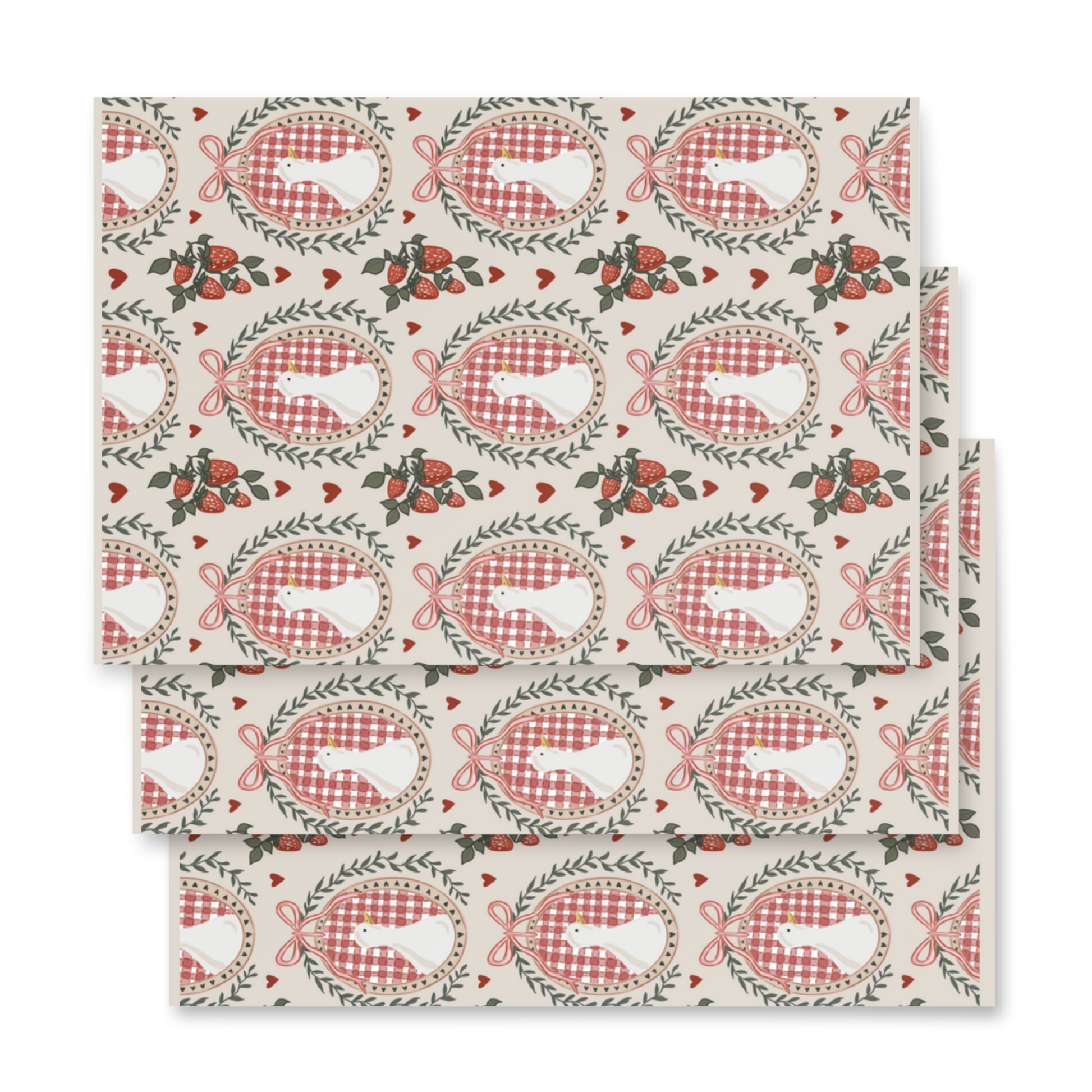 silly goose silhouette frame pattern wrapping paper with strawberries and hearts