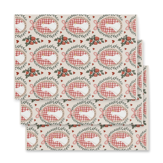 silly goose silhouette frame pattern wrapping paper with strawberries and hearts