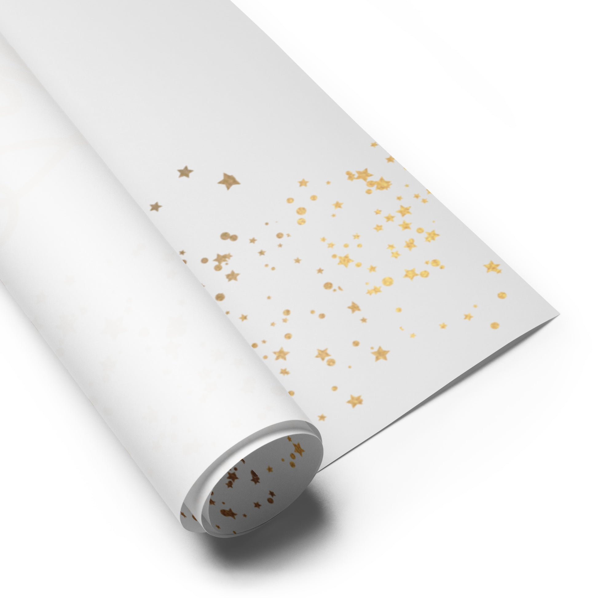 Roll of white paper with gold star patterns on a white background