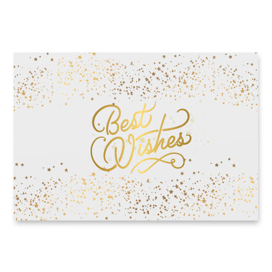 Greeting card with 'Best Wishes' text in gold on a white background with gold confetti.