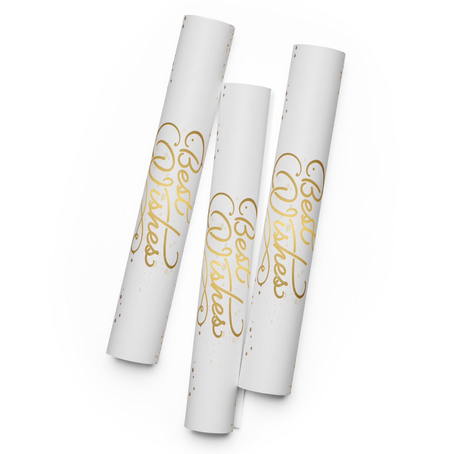 Three white cylindrical tubes with gold 'Best Wishes' text on a white background