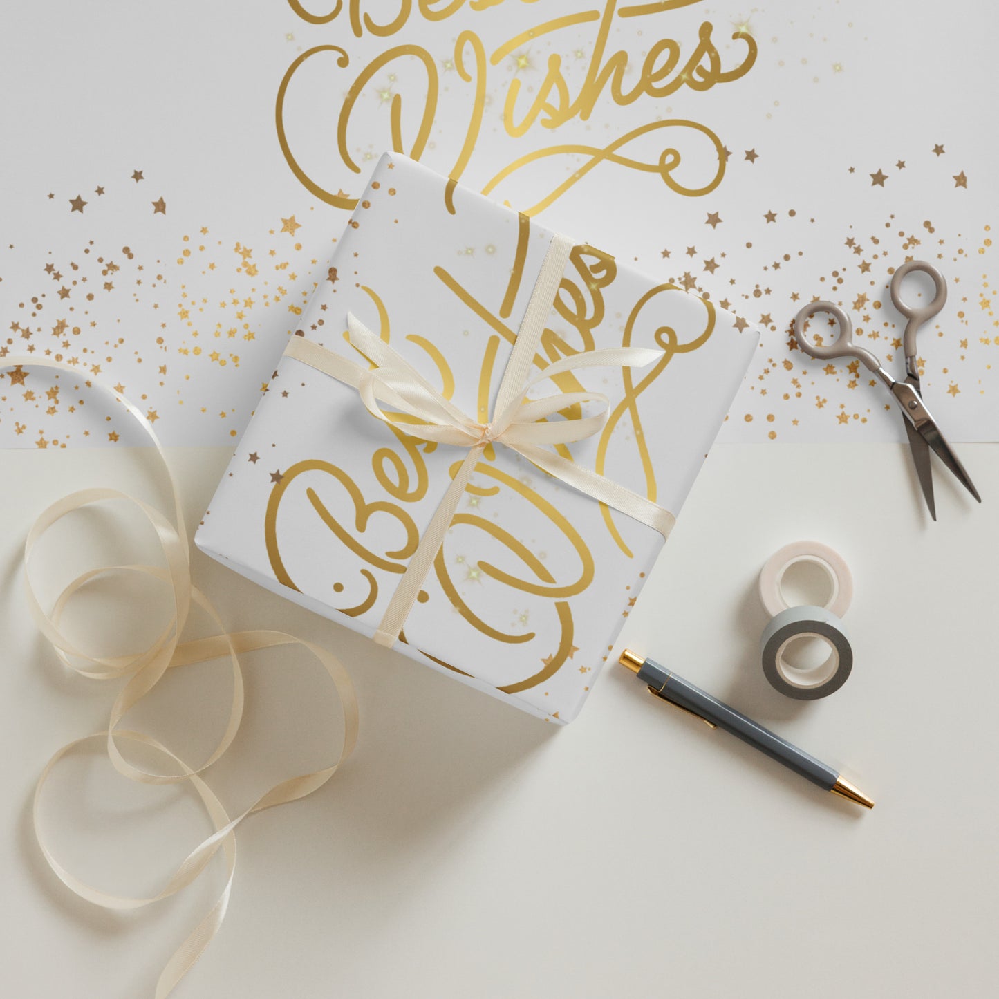 Gift box with gold text and decorative items on a white background
