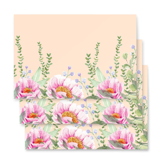 Floral design on a card with pink flowers and green leaves on a beige background