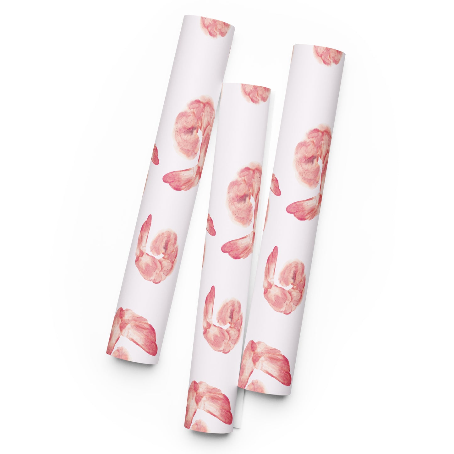 Three rolls of paper with pink shrimps pattern on a white background