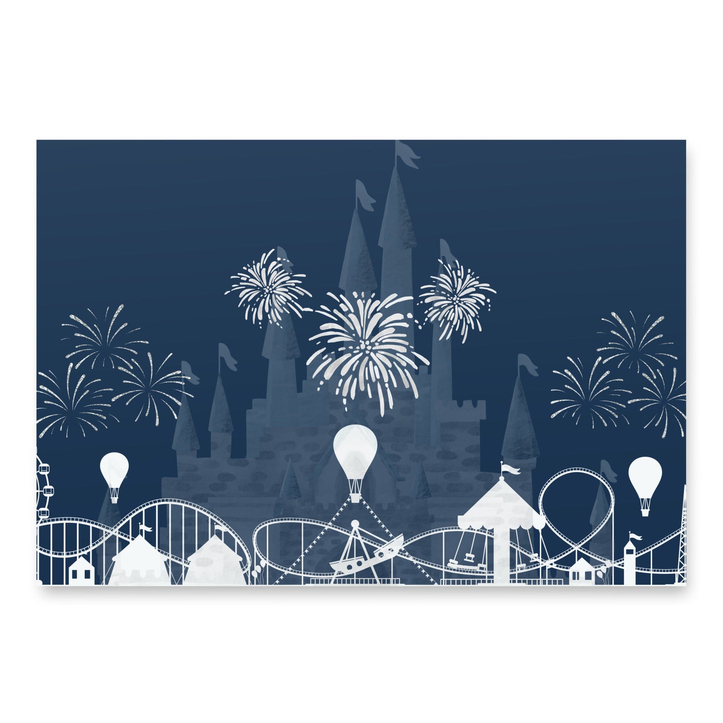 Design of a castle with fireworks and roller coaster on a blue background