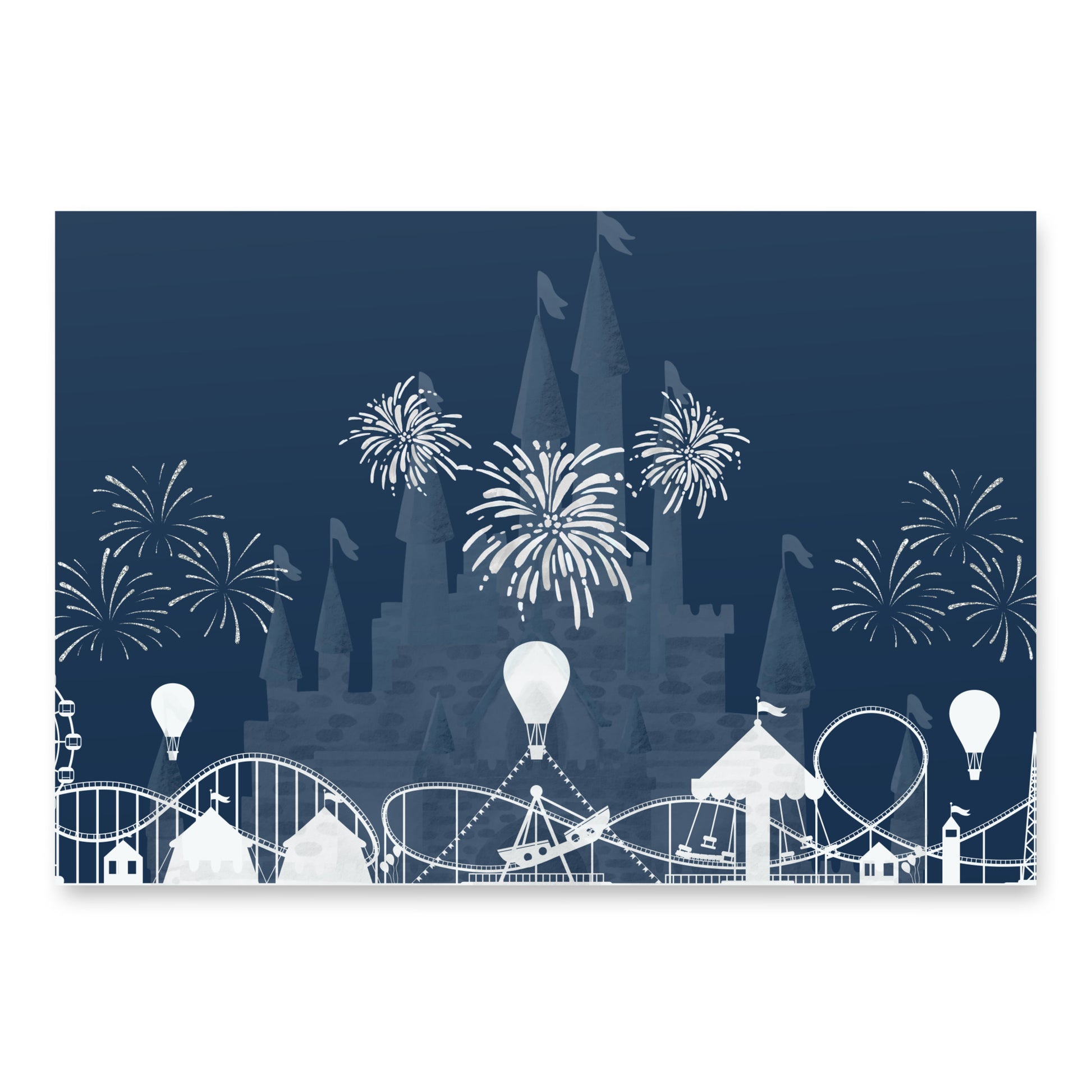 Design of a castle with fireworks and roller coaster on a blue background