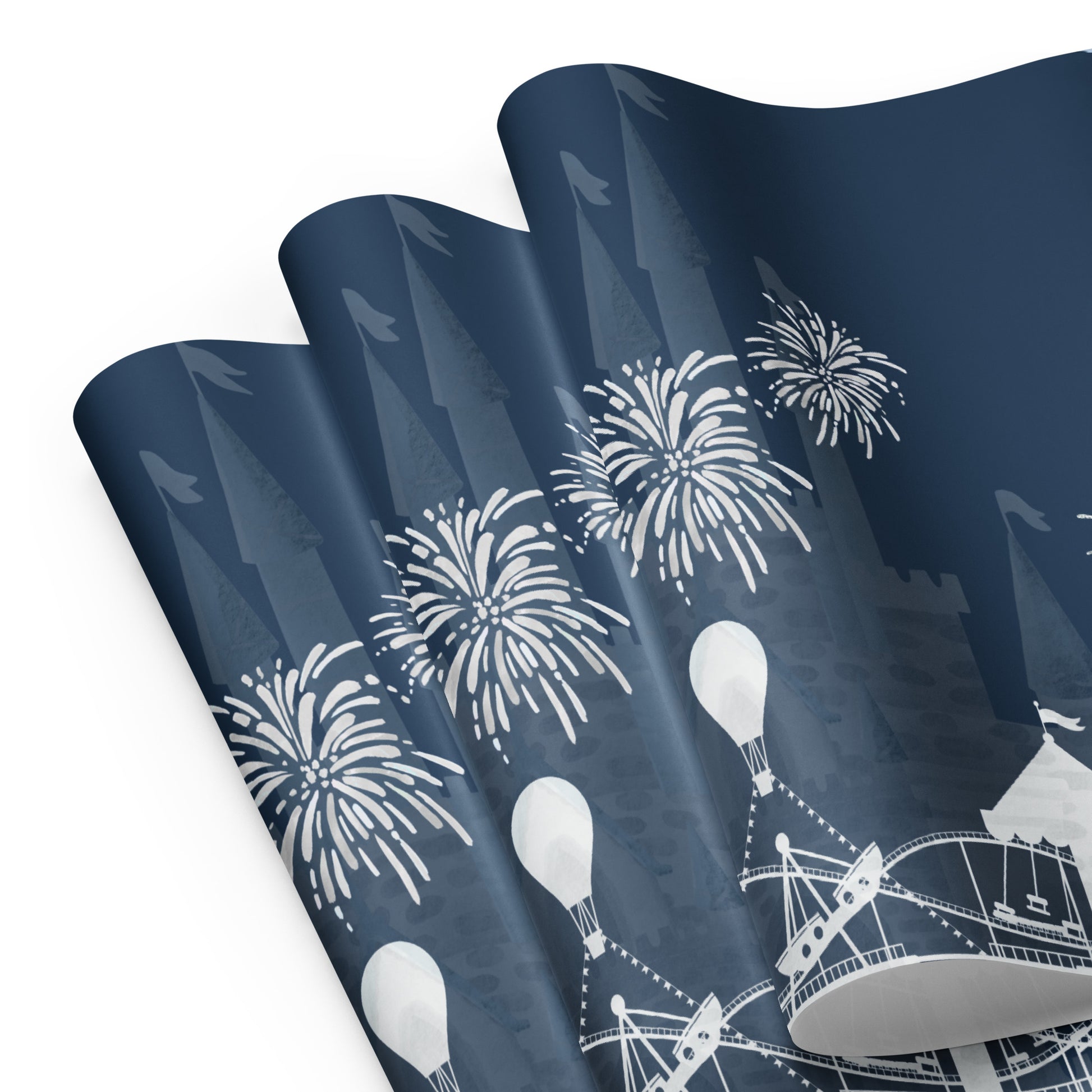 Navy blue wrapping paper with white hot air balloons and fireworks design