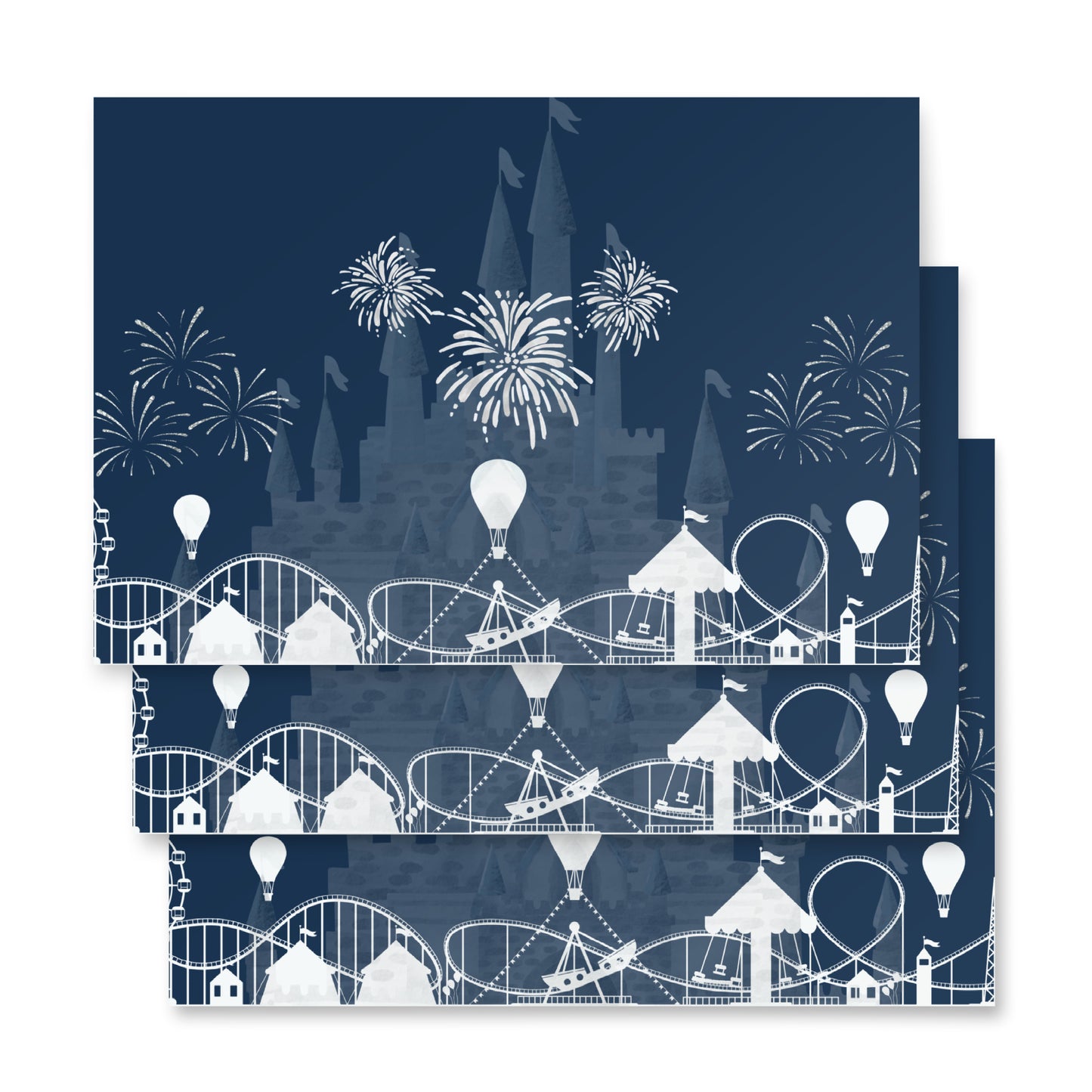 Design of amusement park elements on a blue background with white illustrations.